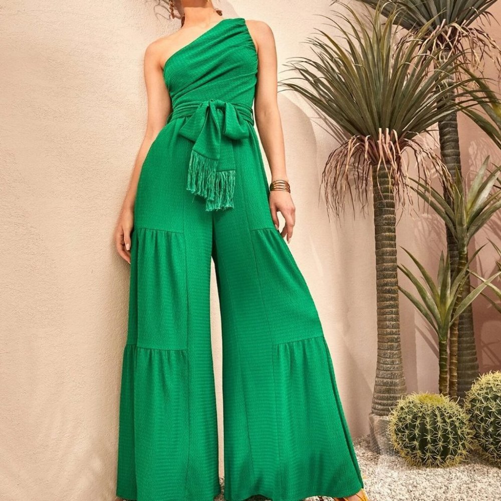 green Preppy Womens One Shoulder Wide Leg Belted Jumpsuit - Picture 2 of 5